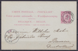 Carte Postale 10c Rose (N°46) Càd BRUXELLES (NORD) 1 /13 AOUT 1892 Pour BREMEN Allemagne - Briefkaarten 1871-1909