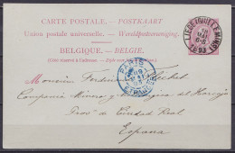 Carte Postale 10c Rose (N°46) Càd LIEGE (GUILLEMINS) /18 MAI 1893 Pour CUIDAD REAL Espagne Càd PARIS / ETRANGER - Briefkaarten 1871-1909