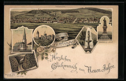 Vorläufer-Lithographie Tuttlingen, 1895, Katholische Kirche, Honberg, Schneckenburger Denkmal, Neujahrsgruss  - Tuttlingen