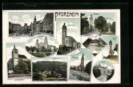 AK Pforzheim, Marktplatz, Schlosskirche, Kath. Kirche, Kupferhammer, Postamt Und Seehaus  - Pforzheim