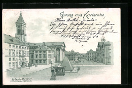 Lithographie Karlsruhe, Marktplatz Mit Rathaus Und Stadtkirche  - Karlsruhe