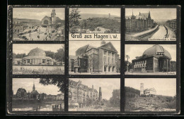 AK Hagen I. W., Dreikaiserbrunnen, Krematorium, Stadthalle, Maschinenbauschule Und Volme  - Hagen