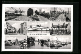 AK Brake (Unterweser), Bahnhof, Pier, Breitestrasse, Hafen, Fahrgastschiff Deutschland, Pieranlagen  - Brake