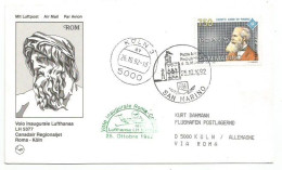 Lufthansa Canadair FFC Roma-Kolnvia San Marino 25/26oct1992 Official Card With Special Cachet - Airmail