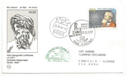Lufthansa Canadair FFC Roma-Kolnvia San Marino 25/26oct1992 Official Card With Special Cachet - 1946-....: Moderne