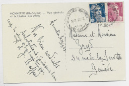 GANDON 5FR BLEU +3FR LILAS CARTE MONNETIER MORNEX 28.8.1949 HTE SAVOIE POUR GENEVE TARIF FRONTALIER PEU COMMUN - 1945-54 Maríanne De Gandon