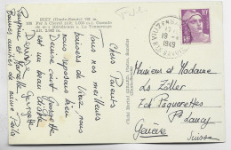 GANDON 10FR VIOLET SEUL CARTE VIUZ EN SALLAZ 19.4.1949  HTE SAVOIE POUR GENEVE TARIF FRONTALIER PEU COMMUN - 1945-54 Maríanne De Gandon