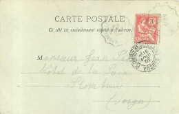 CONVOYEUR LAQUEUILLE AU MONT DORE  1902 TIMBR A DATE PLOMBIERES LES BAINS  - Railway Post