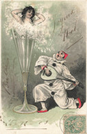 Jugendstil * CPA Illustrateur Art Nouveau * Femme Dans Un Verre De Champagne ( Surréalisme ) & Pierrot Chanteur Musicien - Antes 1900