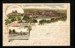 Lithographie Schwäb. Hall, Soolbad, Comburg, Gesamtansicht  - Schwäbisch Hall