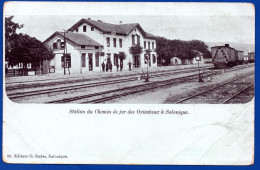 2022.SALONIQUE. VERY SCARCE TURKEY  RAILWAY STATION(EXPRESS ORIENT) POSTCARD, SERVIA(SERFIDJE)POSTMARK,STAMP MISSING - Macedonie