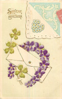  CPA GAUFREE - VIOLETTES - TREFLES - FLEURS BLEUES - PARTIES DOREES - CONVOYEUR -SOUVENIR AFFECTUEUX  - Fiori