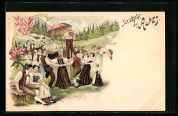 Lithographie Volkstanz, Souvenir Des Alpes  - Baile