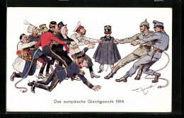 Künstler-AK Th.Zasche: Das Europäische Gleichgewicht 1914, Deutsche & östereichische Soldaten Bein Tauziehen Gegen   - Koninklijke Families