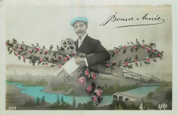 FANTAISIE- HOMME - MAN - AVION - ROSES - MYOSOTIS - BONNE ANNEE - Aéro - Men