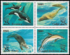 USSR / Russia 1990, Marine Mammals Wales Dolphins - Block Of 4 V. MNH - Balene