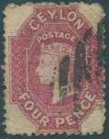 Ceylon 1865 SG52b 4d Rose QV Wmk FU (amd) - Sri Lanka (Ceylon) (1948-...)