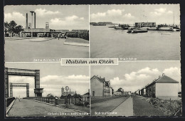 AK Walsum A. Rhein, Zeche Walsum I /II, Bahnhofstrasse, Hafenbrücke, Rheinfähre, Kohle  - Mines