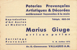 Vallauris * Poteries Potier Marius GIUGE Artisant , Avenue Georges Clémenceau * Carte De Visite Ancienne - Vallauris