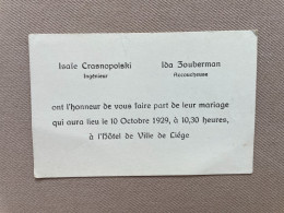 1929 - LIÉGE - Isaïe CRASNOPOLSKI, Ingénieur & Ida ZOUBERMAN, Accoucheuse - Huwelijksaankondigingen