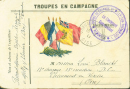 Guerre 14 Troupes Campagne CP Drapeau France Belgique Russie Angleterre Cachet Dépôt Chevaux Milly Sur Thérain Remontes - 1. Weltkrieg 1914-1918