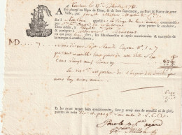 Connaissement  J.Martin & Cie   Navire La Vierge De Bon V****.Capitaine Agard   Toulon 1783 - Transporte
