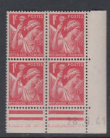 France N° 433 XX Type Iris  1 F. Rouge En Bloc De 4 Coin Daté Du  28 .6 . 41 , Sans Point Blanc Sans Charnière, TB - 1940-1949