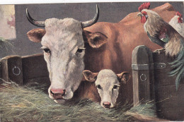 CPA (  Animaux De La Ferme )  Vache Et Coq(b.bur Theme) - Mucche