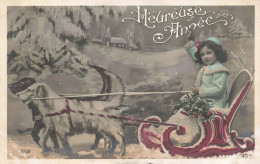 FETES - VOEUX - Nouvel An - Heureuse Année - Enfant -petite Fille - Traineau - Chiens- Colorisé - Carte Postale Ancienne - Other & Unclassified