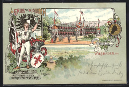 Lithographie Wiesbaden, XXIV. Mittelrheinisches Kreisturnfest 1899, Blick Auf Die Grosse Festhalle  - Andere & Zonder Classificatie