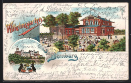 Lithographie Bernburg, Garten-Restaurant Wilhelmsgarten, Wappen  - Bernburg (Saale)