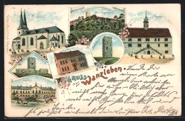 Lithographie Wanzleben, Kirche, Rathaus, Neue Schule, Blaue Warte  - Wanzleben