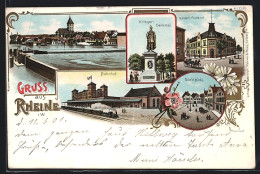 Lithographie Rheine I. W., Blick Zum Bahnhof, Kriegerdenkmal, Kaiserliches Postamt  - Rheine