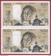 500 Francs "Pascal"- Du 05/05/1988.H--ALPH .H.285-(2)-(SUITE DE 2 BILLETS --UNC/NEUF --AUCUN TROU D EPINGLE MANIFIQUE ) - 500 F 1968-1993 ''Pascal''