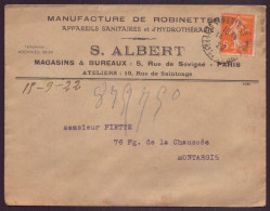 France, Enveloppe à En-tête " Albert " Manufacture Robinetterie, Paris, 14 Septembre 1922 - Autres & Non Classés