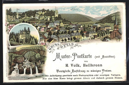 Lithographie Fels, Meysembourg, Müllerthal, Muster-Postkarte Mit Ansichten, Ansichtskartengeschichte  - Muellerthal