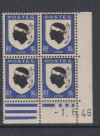 France N° 755 XX : Armoiries De Provinces : Corse  En Bloc De 4 Coin Daté Du 1 . 6 . 46 : 3 Pts Blancs Sans Char. TB - 1940-1949