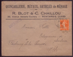 France, Enveloppe à En-tête " Blot & Chaillou " Quincaillerie, Montargis, 22 Février 1922 - Otros & Sin Clasificación