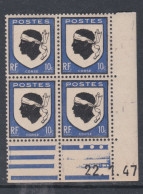 France N° 755 XX : Armoiries De Provinces : Corse  En Bloc De 4 Coin Daté Du 22 . 1 . 47 : 3 Points Blancs Sans Char. TB - 1940-1949