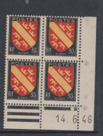 France N° 756 XX : Armoiries De Provinces : Alsace  En Bloc De 4 Coin Daté Du 14 . 6 . 46 : 1 Ooint Blanc Sans Char. TB - 1940-1949