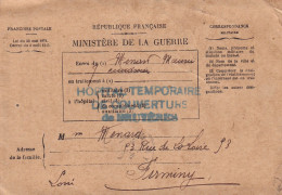 Bruyères (88 Vosges) Tampon Hôpital Temporaire De Couverture Carte Franchise Militaire Bulletin De Santé 1915 Firminy 42 - Guerre De 1914-18