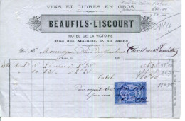 FACTURE.72.LE MANS.VINS & CIDRE EN GROS.BEAUFILS-LISCOURT HOTEL DE LA VICTOIRE 9 RUE DES MAILLETS. - Lebensmittel