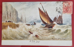 Carta Postale Circulée 1905, ARGENTINA - DESSIN DE VOILIERS NAVIGUANT AU MILIEU DE LA TEMPÊTE PRÈS DE LA CÔTE - Chiatte, Barconi