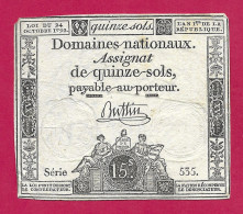 Assignat De Quinze Sols - Série 535 - Signé Buttin - Assignats & Mandats Territoriaux