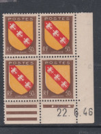 France N° 757 XX : Armoiries De Pro. : Lorraine  En Bloc De 4 Coin Daté Du 22 . 6 . 46 : 1 Point Blanc Sans Char. TB - 1940-1949