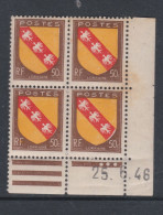 France N° 757 XX : Armoiries De Pro. : Lorraine  En Bloc De 4 Coin Daté Du 25 . 6 . 46 : 3 Points Blancs Sans Char. TB - 1940-1949