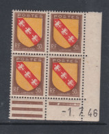 France N° 757 XX : Armoiries De Pro. : Lorraine  En Bloc De 4 Coin Daté Du 1 . 7 . 46 : 2 Points Blancs Sans Char. TB - 1940-1949