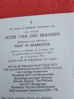 Doodsprentje Jozef Van Den Branden / Hamme 2/3/1934 Gent 24/8/1991 ( Gaby De Brabander ) - Religión & Esoterismo