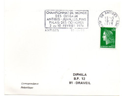 OISEAU / OISEAUX = 06 ANTIBES 1973 = FLAMME Type II = SECAP = 1974 / Championnat Du Monde Juan Les Pins Sur CARTE - Annullamenti Meccanici (pubblicitari)