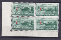 ITALIA ,REPUBBLICA  - QUARTINA - 25 L. - Emblema Del T.C.I., Automobile E Ciclista - 60º Anniversario Del Touring C (18) - 1946-60: Mint/hinged